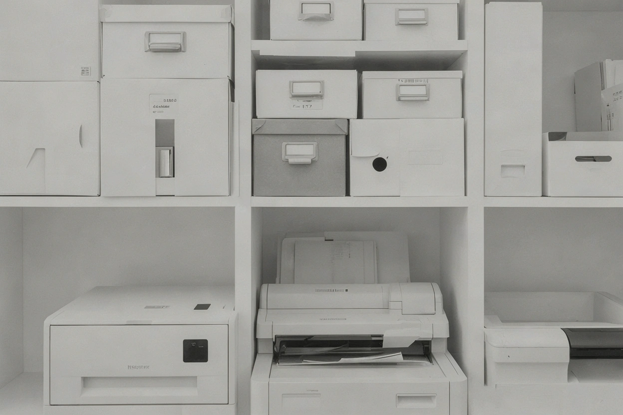 Classeurs d'archives sur des étagères et scanner de documents sur un bureau