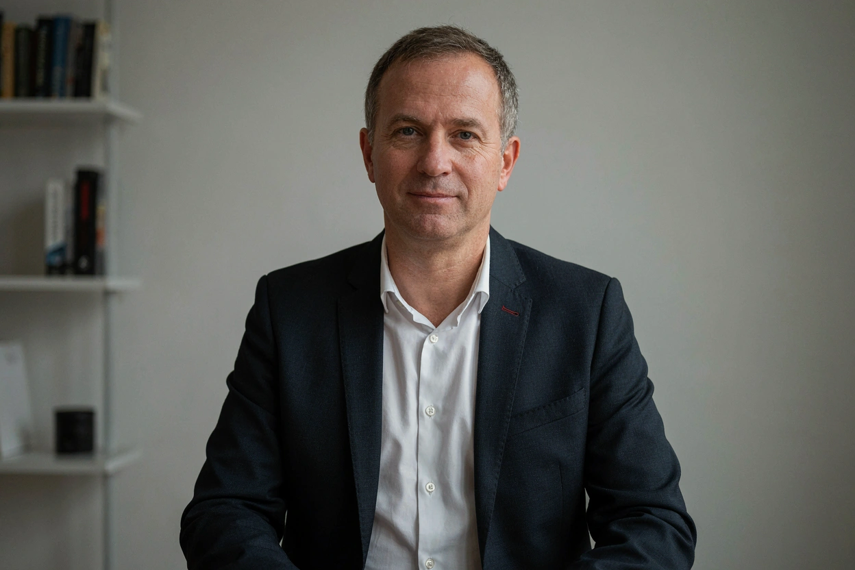 Portrait d'Adi Rolland, consultant en gestion d'entreprise, dans un bureau sobre