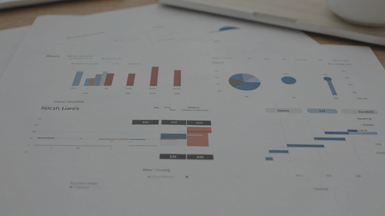 Tableaux financiers imprimés, calculatrice et stylo sur un bureau